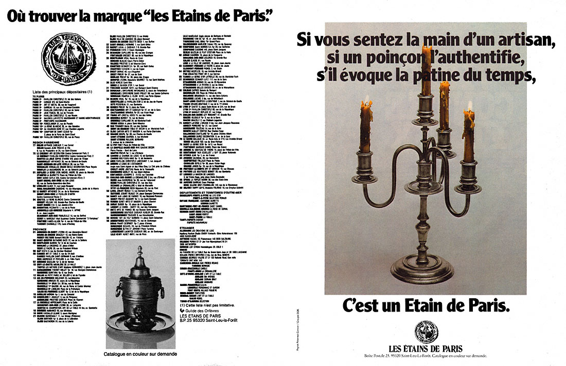Publicit� Etain de Paris 1980
