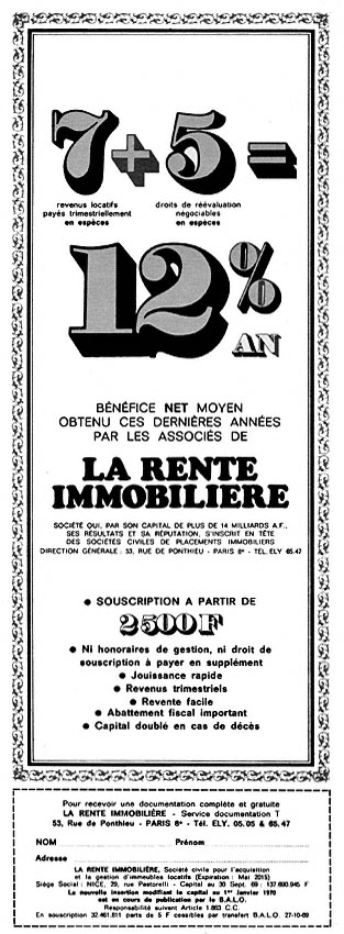 Publicit� Rente Immobili�re 1970