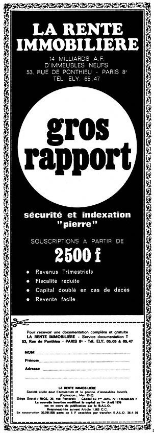 Publicit� Rente Immobili�re 1970