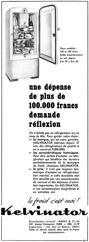 Publicit� Kelvinator 1952