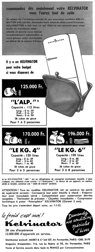 Publicit� Kelvinator 1953