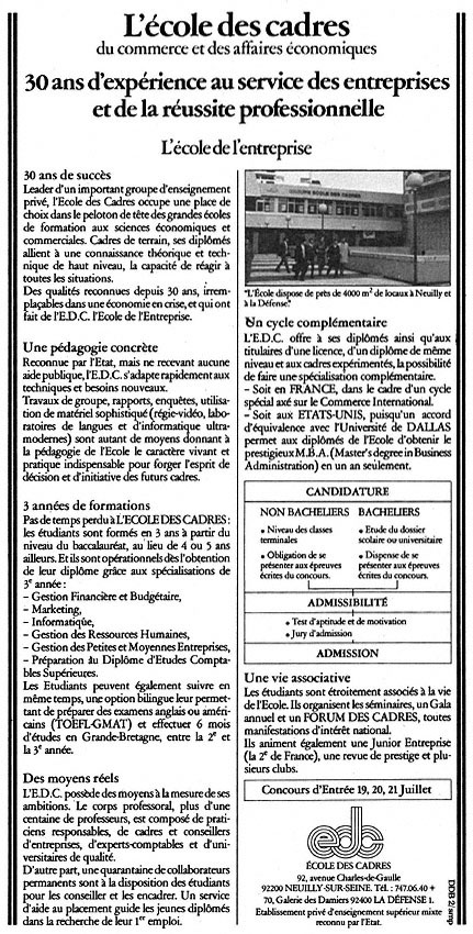 Publicit� Ecole des Cadres 1982