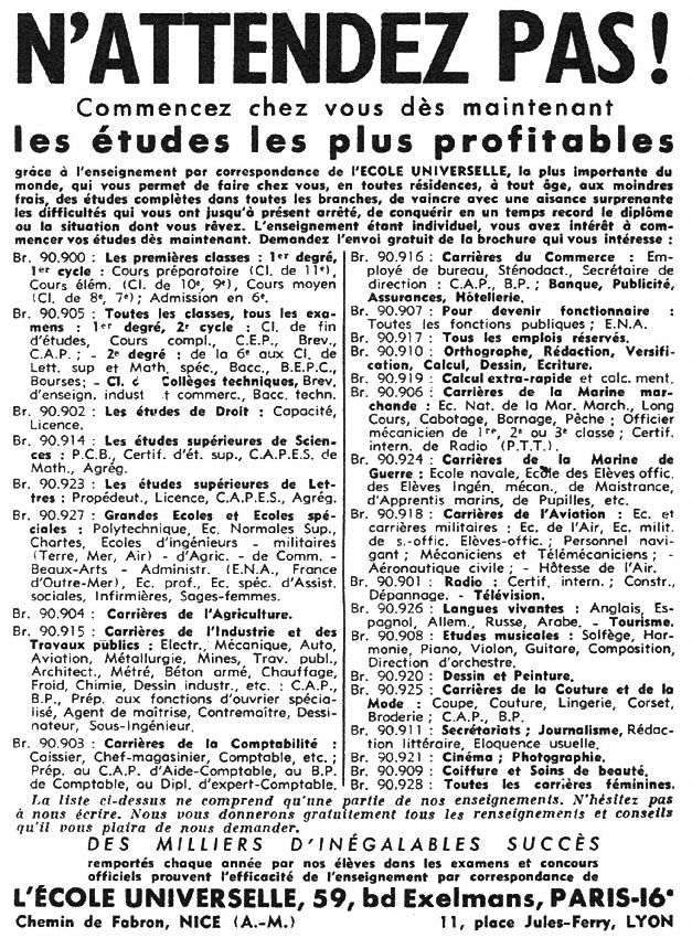 Publicit� Ecole Universelle 1956