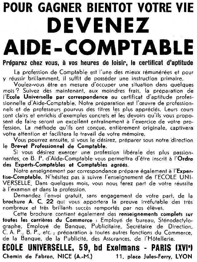 Publicit� Ecole Universelle 1954