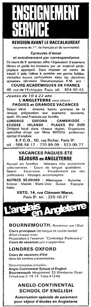Publicit� Enseignement Service 1970