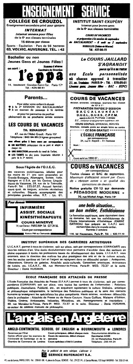 Publicit� Enseignement Service 1967