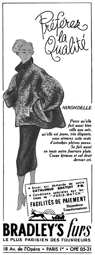 Publicit� Bradley's furs 1952
