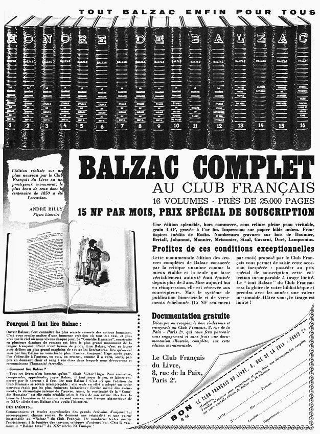 Publicit� Club Fran�ais du Livre 1964