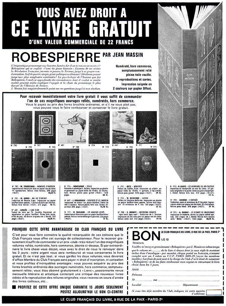 Publicit� Club Fran�ais du Livre 1963