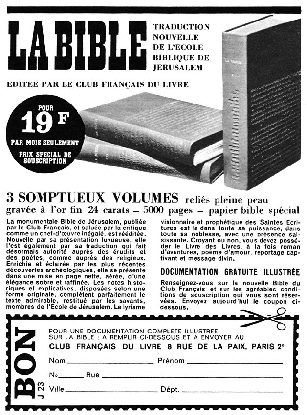 Publicit� Club Fran�ais du Livre 1965